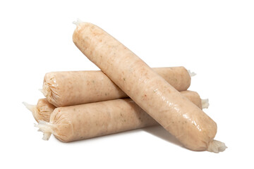 A lot of sausages for frying on a white background. Unhealthy food.