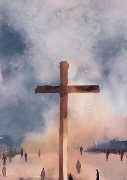 Christian cross and people. Watercolor background