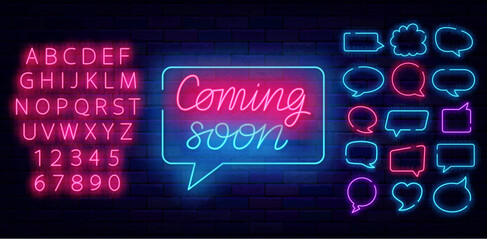 Coming soon neon lettering in speech bubble. Think clouds frames set. Party and sale prepare. Vector illustration