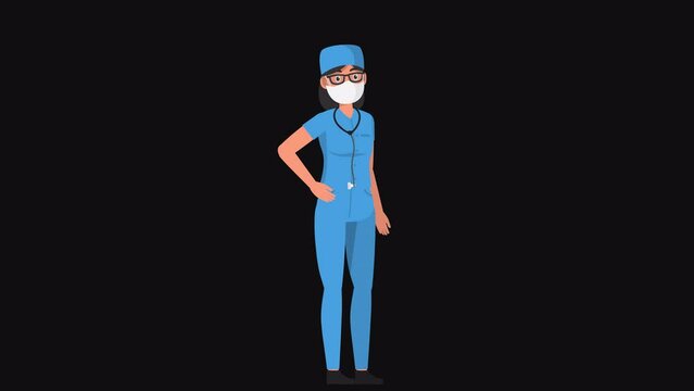 High resolution 2d cartoon female character in nurse outfit with face mask talking on alpha channel background in seamless loop.