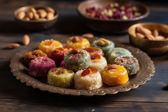 Traditional Indian Sweets On Plate. Generative AI
