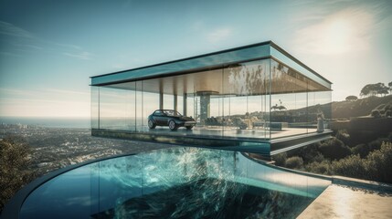 Retractable Glass-Floor Home with Heated Pool & Panoramic Views: The Ultimate Luxury Vacation Destination with Custom Electric Vehicle, Generative AI