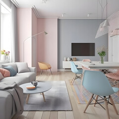 Generattive ai ilustrations, living room design, in color pastel