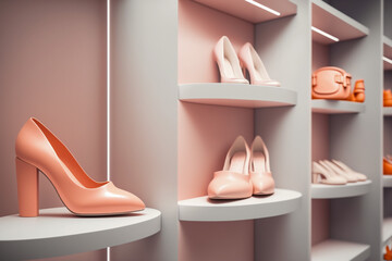 Modern women's shoe store, super photo realistic background. Generative ai illustration