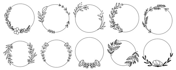 Set of flower wreath wedding decoration. Leaf branch wreath with a round frame. Design suitable for frame, invitation, card, poster, and banner.