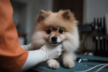 Veterinarians Hands Holding Dog On The Table At The Veterinary Hospital. Generative AI