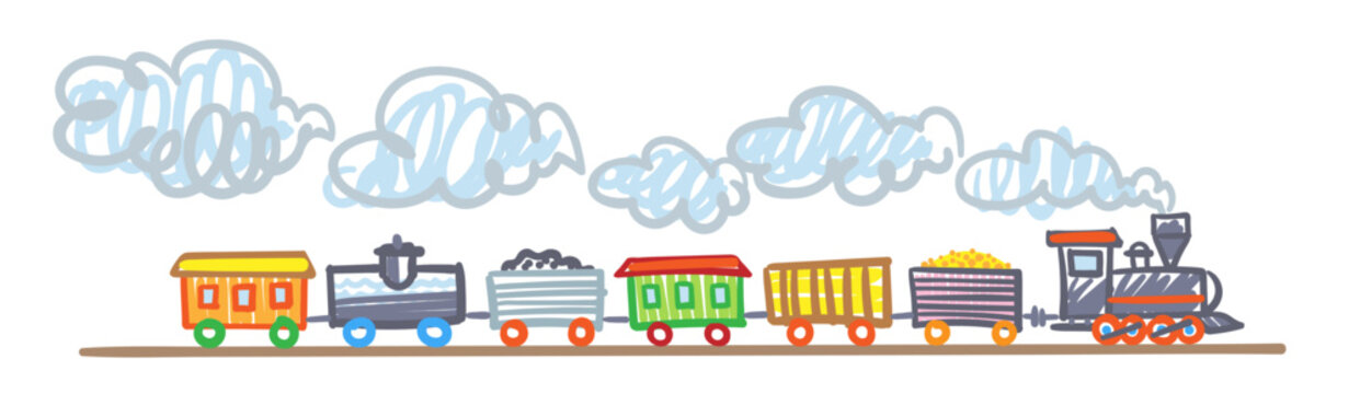 Children's drawing. Funny train with six colorful wagons and smoke. In cartoon style. Isolated on white background. Vector flat illustration