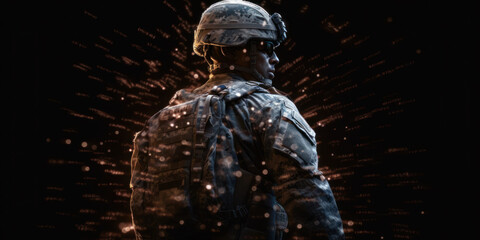 Fototapeta premium Army Soldier on black bokeh background. US Army concept wallpaper. Generative AI