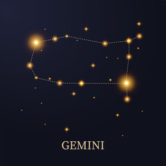 Zodiac constellation Gemini on a dark background with stars, vector illustration.