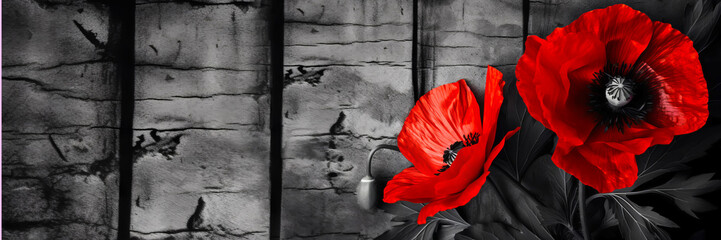 Banner with Red poppies as a symbol of memory for the fallen in the war. VE-Day, World War remembrance day. Generative AI illustration