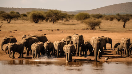 Elephants playing by the water, created with Generative AI technology.