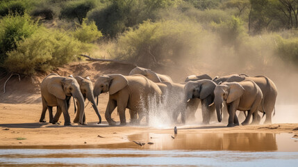 Elephants playing by the water, created with Generative AI technology.