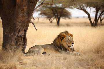 Lion resting under the tree, created with Generative AI technology.