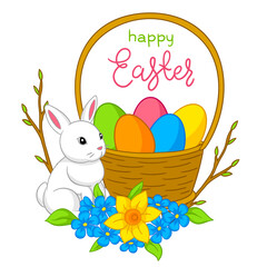Happy Easter illustration. Cute bunny, eggs and flowers for traditional celebration.