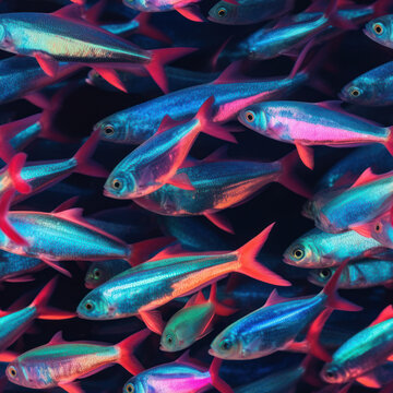 Neon Tetra (Paracheirodon innesi) pet fish schooling together in a blue fresh water background tile for use as a repeating art pattern design. Generative AI.
