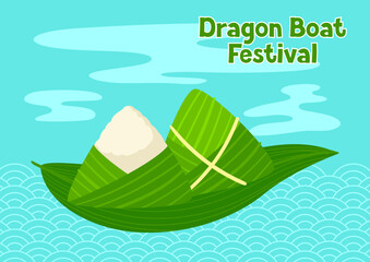 Happy Dragon Boat Festival greeting card. Chinese Duanwu holiday. Traditional food zongzi rice in bamboo leaves.