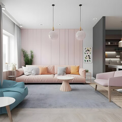 Generattive ai ilustrations, living room design, in color pastel
