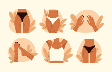 Hairy body collection. Female unshaved hairy legs, hands, armpit and pubic hair set. Body positive, normalize female body hair, skin care. Vector illustration in cartoon style. Isolated background - obrazy, fototapety, plakaty