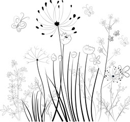 black and white floral elements for doodle - flowers and butterflies