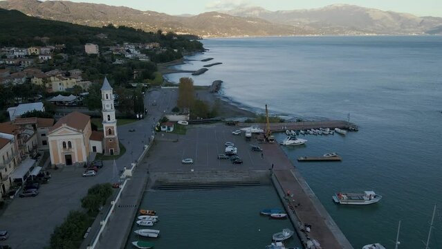 Aerial view of Scario, a small seaside village on the Cilento coast in the province of Salerno, Campania, Italy.