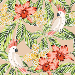 Tropical parrots, green palm leaves, canna, orchid flowers, beige background. Seamless pattern. Vector illustration. Summer beach floral design. Exotic plants and birds. Paradise nature