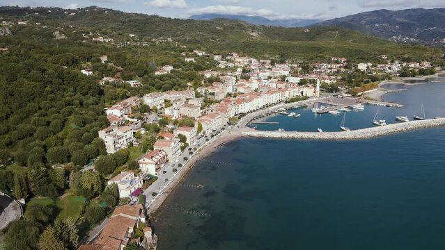 Aerial view of Scario, a small seaside village on the Cilento coast in the province of Salerno, Campania, Italy.