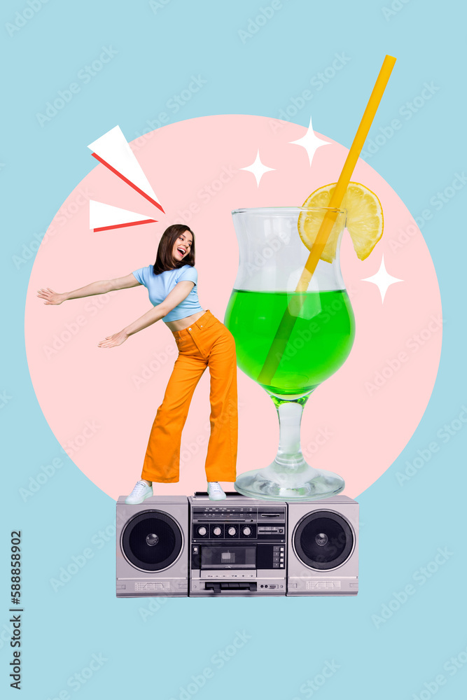 Poster Vertical collage of youngster lady dancing energetic invitation poster summer resort party tape recorder drink martini isolated on blue background