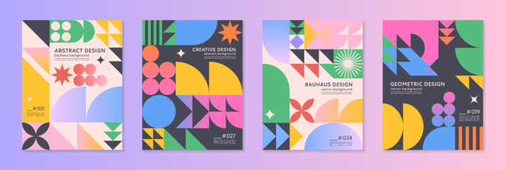 Fototapeta premium Abstract bauhaus geometric pattern backgrounds with copy space for text.Trendy minimalist geometric designs with simple shapes and elements.Modern artistic vector illustrations.