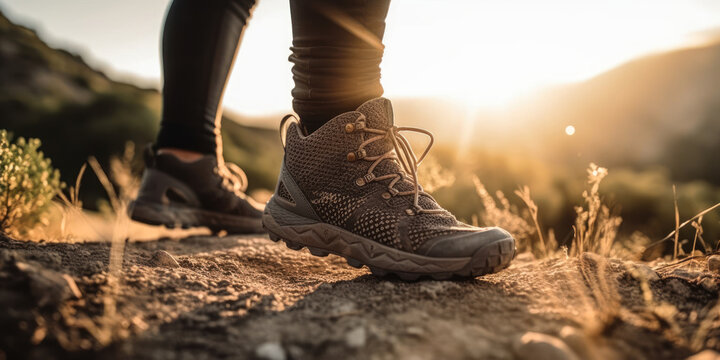 Close-up of male hiker hiking boots with scenic mountain background. Generative AI