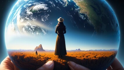 Person in the landscape with earth planet in background. Generative AI