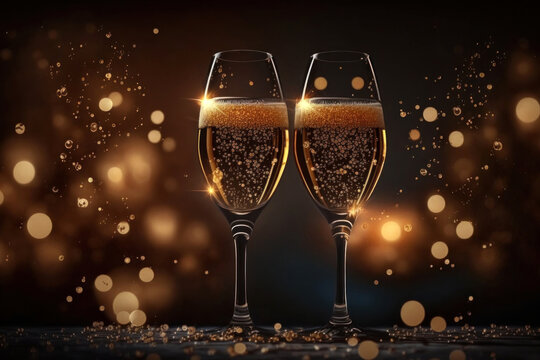 Two glasses of champagne with sparkling bubbles on a dark background with gold glitter, Generative AI