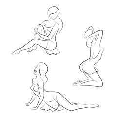 Collection. Silhouette of a woman in a modern continuous line style. The girl is slim and beautiful. Lady suitable for decor, posters, stickers, logo. vector illustration set.