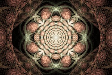 Orange yellow floral intertwined pattern of crooked shapes on a black background. Abstract fractal 3D rendering