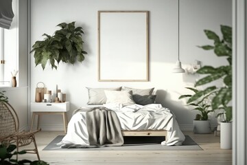 Interior of modern bedroom with white walls, wooden floor, comfortable king size bed with gray linen and vertical mock up poster frame