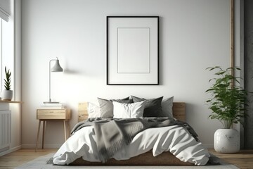 Interior of modern bedroom with white walls, wooden floor, comfortable king size bed with gray linen and vertical mock up poster frame