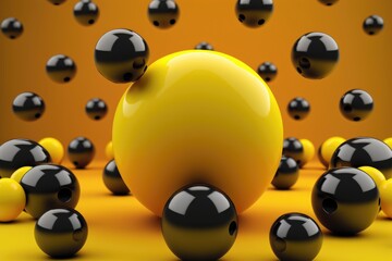 Yellow sphere surrounded by black spheres on orange background