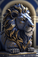 Incredible golden gold feline lion concept statue with intricate pattern design background made of ceramic or porcelain. Majestic metal metallic animal portrait of a wild animal. Ai generated