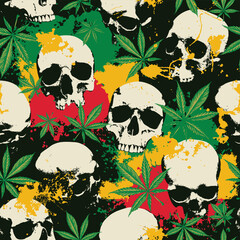 rastafarian flag of jamaica. Vector seamless pattern in retro style on the theme of legalize marijuana and human skulls. Color repeatable background with hemp leaves, cannabis plants