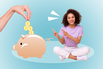 Composite creative photo collage of young business lady sitting point fingers piggy bank wallet collect tokens isolated on blue color background
