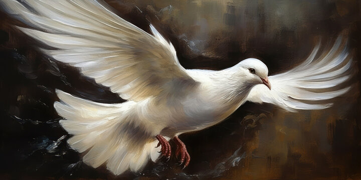 A Flight Towards Peace: White dove flying painting - a symbol of peace and hope. Generative AI