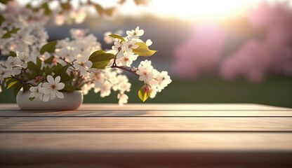 Wooden blank or empty tabletop in spring season at morning with sunset light, spring summer flowers decorations and nature view for mock up, with Generative AI.