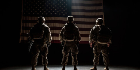 Fototapeta na wymiar Standing Tall: Three Proud Soldiers in Formation on USA Flag. Generative AI