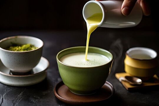 Close up cup of green tea matcha latte in white cup with powder, latte art, hot green tea, milk, soy milk, traditional beverage with Generative AI.