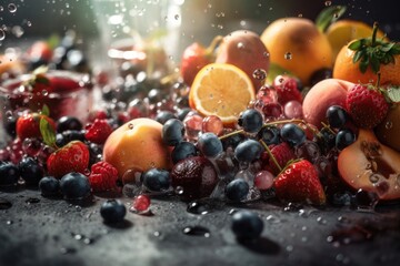 Fototapeta na wymiar Fruits and berries in sparkling water. AI generated