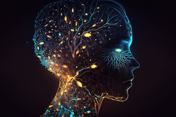 Meditation concept with human head silhouette glowing esoteric neurons in brain AI generated