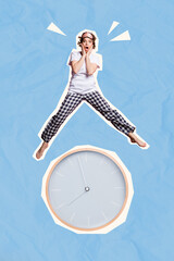 Vertical collage design photo of young dissatisfied funny woman unhappy jump late for job awake...