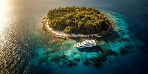 Island Dreaming: Aerial View of Boat in the Volumetric Lighting of a Tropical Paradise. Generative AI.
