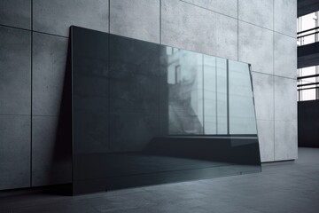Blank black glass signplate on textured wall. AI generated