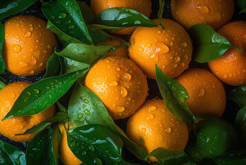 Seamless background many ripe orange tangerines with green leaves visible water drops