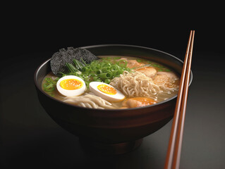 Ramen soup with noodles, leek, nori, soft egg and chashu chicken on a dark background. Chopsticks hold noodles.